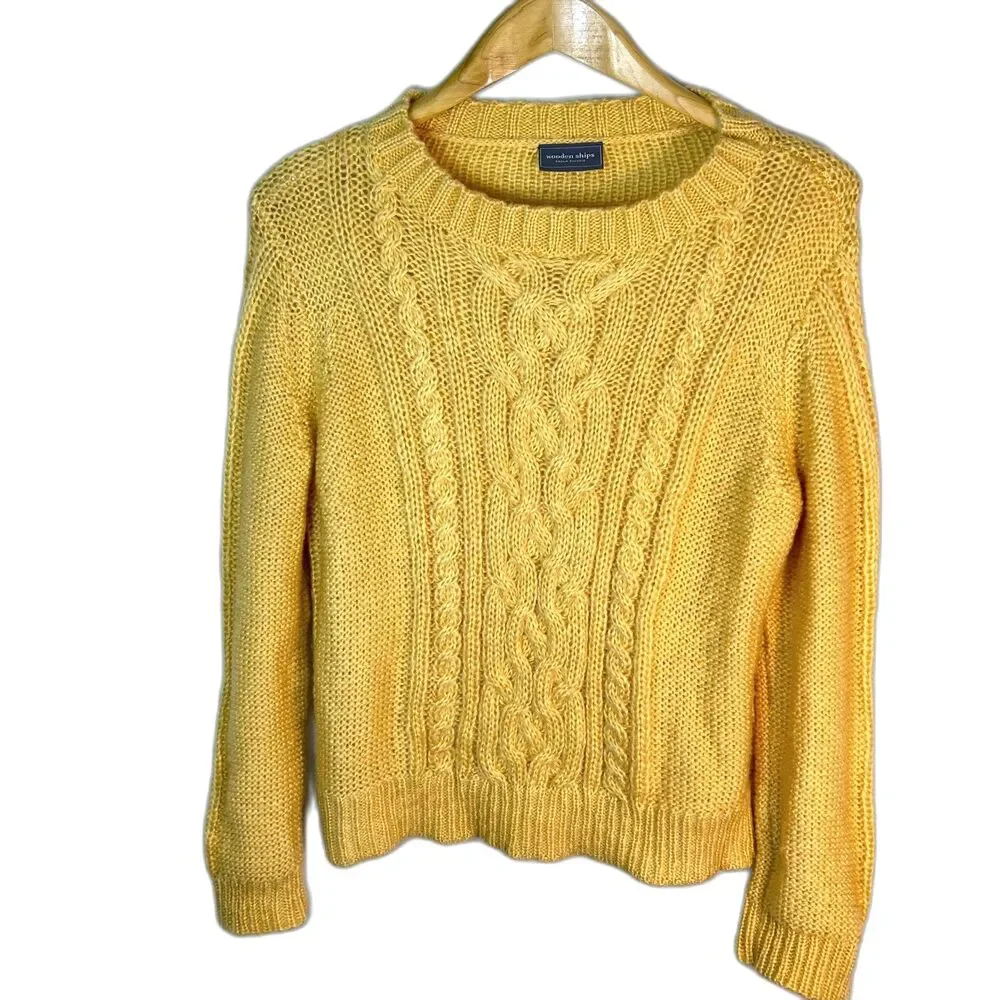 Wooden Ships Womens Yellow Mohair Blend Cable Chunky Knit Crewneck Sweater Sz XS
